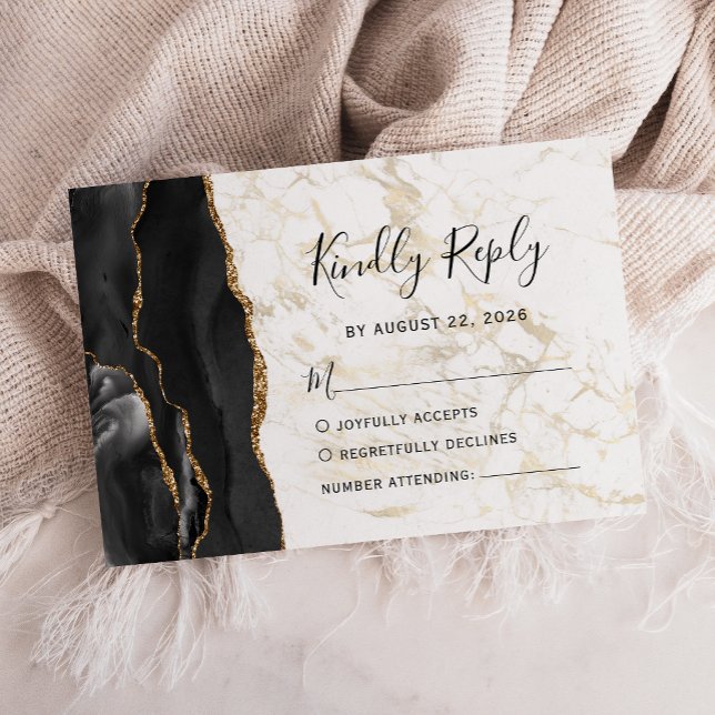 Modern Black Gold Agate Marble Wedding RSVP Karte (Von Creator hochgeladen)