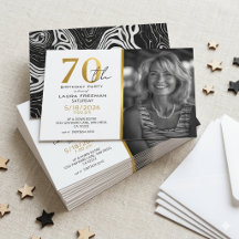 Modern Black & Gold Agate Photo 70th Birthday Invi