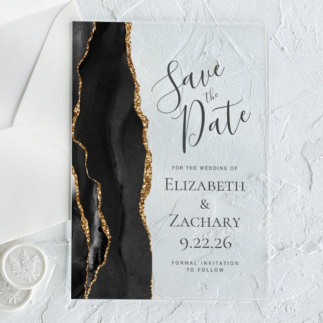 Modern Black Gold Agate Save the Date Acryleinladungen (Von Creator hochgeladen)