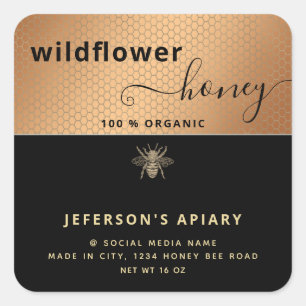 Modern Black Gold Biene Drehbuch Honey jar Square  Quadratischer Aufkleber