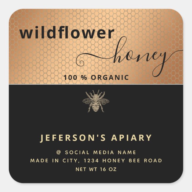 Modern Black Gold Biene Drehbuch Honey jar Square  Quadratischer Aufkleber (Vorderseite)