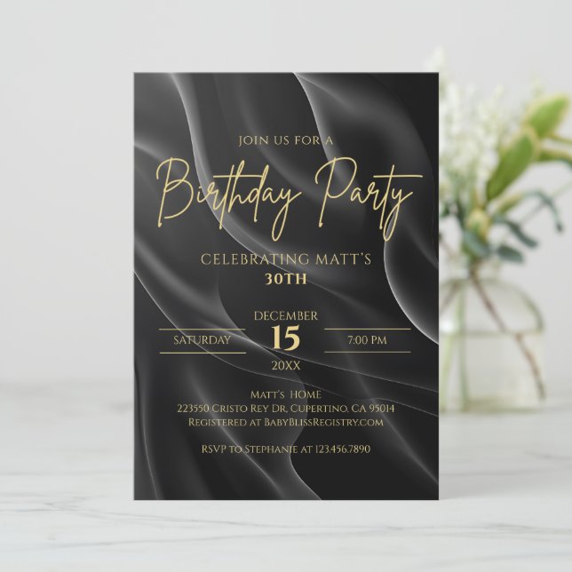 Modern black & Gold Birthday Invitation Einladung (Stehend Vorderseite)