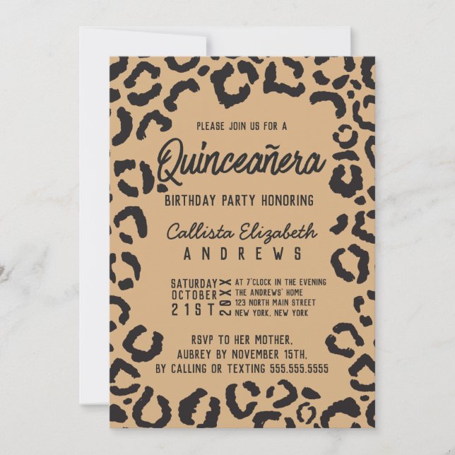 Modern Black Gold Cheetah Leopard Quinceañera Einladung (Vorderseite)