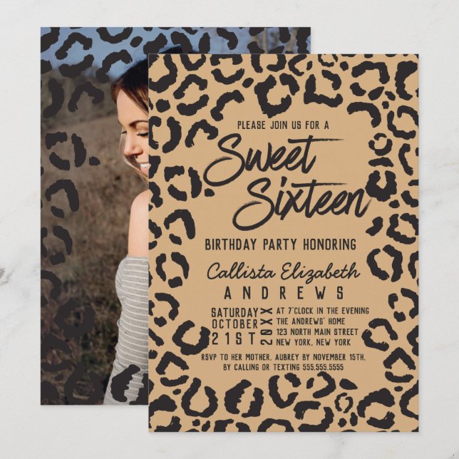 Modern Black Gold Cheetah Leopard Sweet 16 Foto Einladung (Vorne/Hinten)