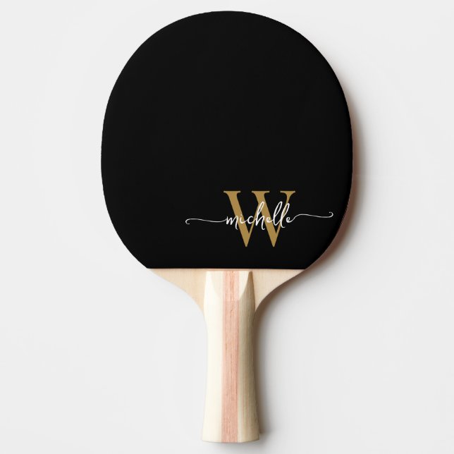 Modern Black Gold Custom Monogram Name Script Tischtennis Schläger (Vorderseite)
