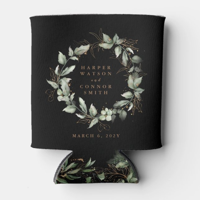 Modern Black Gold Eucalyptus Wreath Wedding Dosenkühler (Vorderseite)