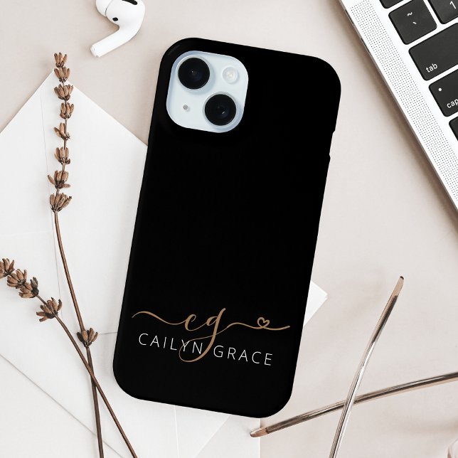 Modern Black Gold Feminine Script Heart Monogram Case-Mate iPhone Hülle (Von Creator hochgeladen)
