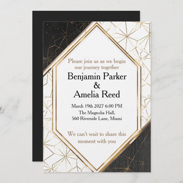 Modern Black Gold Geometric Wedding Invitation (Devant / Derrière)
