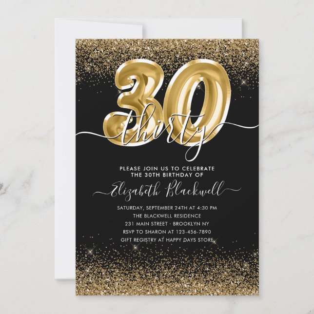 Modern Black Gold Glitzer Ballon 30. Geburtstag Einladung (Vorderseite)