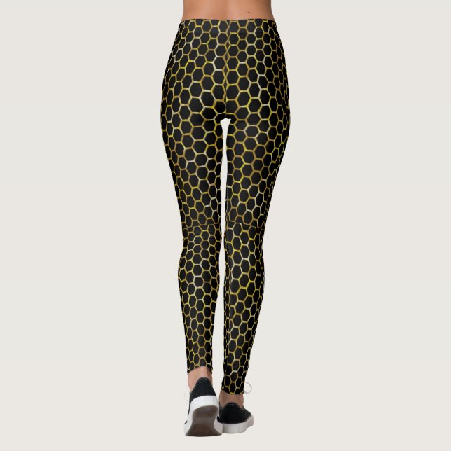 Modern Black Gold Hexagon Beehive Abstraktes Muste Leggings (Rückseite)
