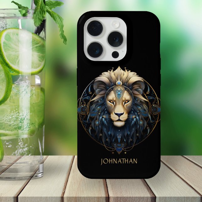 Modern Black Gold Lion Zodiac Sun Namensschild Leo iPhone 15 Pro Hülle (Von Creator hochgeladen)