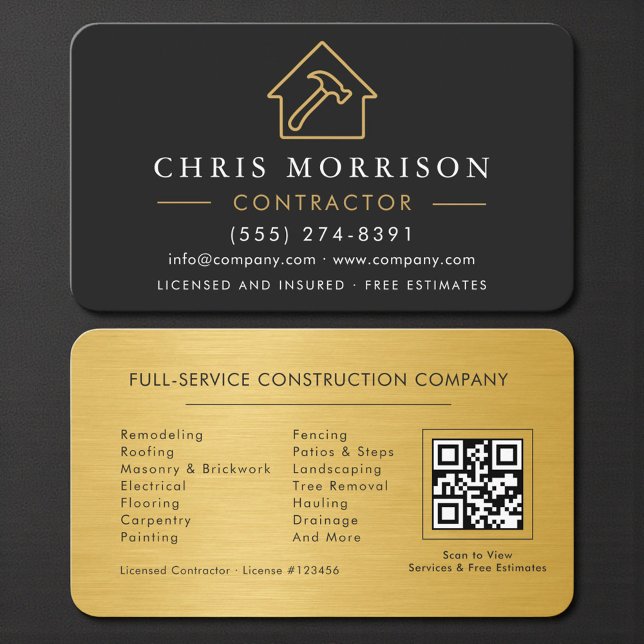 Modern Black & Gold Metal Contractor QR Code Visitenkarte (Von Creator hochgeladen)