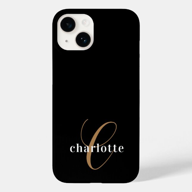Modern Black Gold Monogram Feminine Script Name Case-Mate iPhone 14 Hülle (Rückseite)