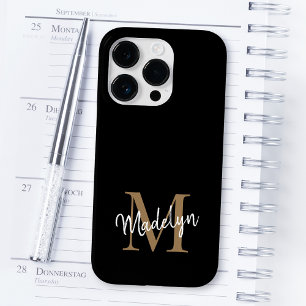 Modern Black Gold Monogram Feminine Script Name Case-Mate iPhone 14 Pro Hülle