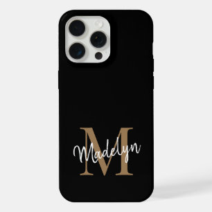 Modern Black Gold Monogram Feminine Script Name iPhone 15 Pro Max Hülle