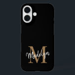 Modern Black Gold Monogram Feminine Script Name iPhone 16 Hülle<br><div class="desc">Moderne Black Gold Monogram Feminine Script Name iPhone Case. Dieses moderne elegante iPhone-Gehäuse lässt sich einfach mit Ihrem individuellen Monogramm und Namen personalisieren.</div>