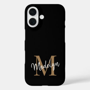 Modern Black Gold Monogram Feminine Script Name iPhone 16 Hülle