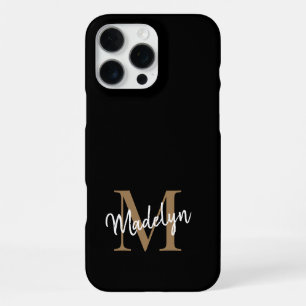 Modern Black Gold Monogram Feminine Script Name iPhone 16 Pro Max Hülle