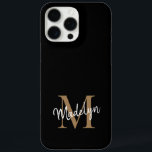 Modern Black Gold Monogram Feminine Script Name iPhone 16 Pro Max Hülle<br><div class="desc">Moderne Black Gold Monogram Feminine Script Name iPhone Case. Dieses elegante iPhone-Gehäuse lässt sich einfach mit Ihrem individuellen Monogramm und Namen personalisieren.</div>