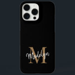 Modern Black Gold Monogram Feminine Script Name iPhone 16 Pro Max Hülle<br><div class="desc">Moderne Black Gold Monogram Feminine Script Name iPhone Case. Dieses elegante iPhone-Gehäuse lässt sich einfach mit Ihrem individuellen Monogramm und Namen personalisieren.</div>