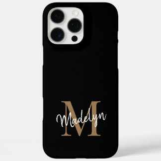 Modern Black Gold Monogram Feminine Script Name iPhone 16 Pro Max Hülle