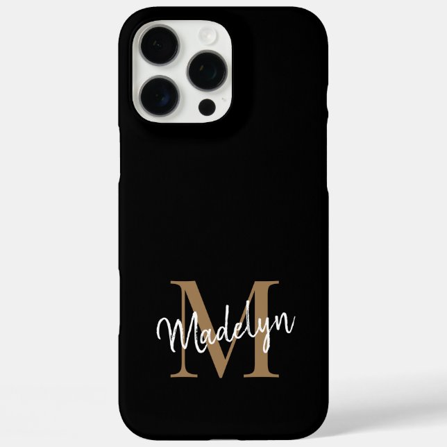 Modern Black Gold Monogram Feminine Script Name iPhone 16 Pro Max Hülle (Rückseite)