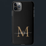 Modern Black Gold Monogram Feminine Script Name iPhone 11Pro Max Hülle<br><div class="desc">Modern Black Gold Monogram Feminine Script Name Phone Case</div>