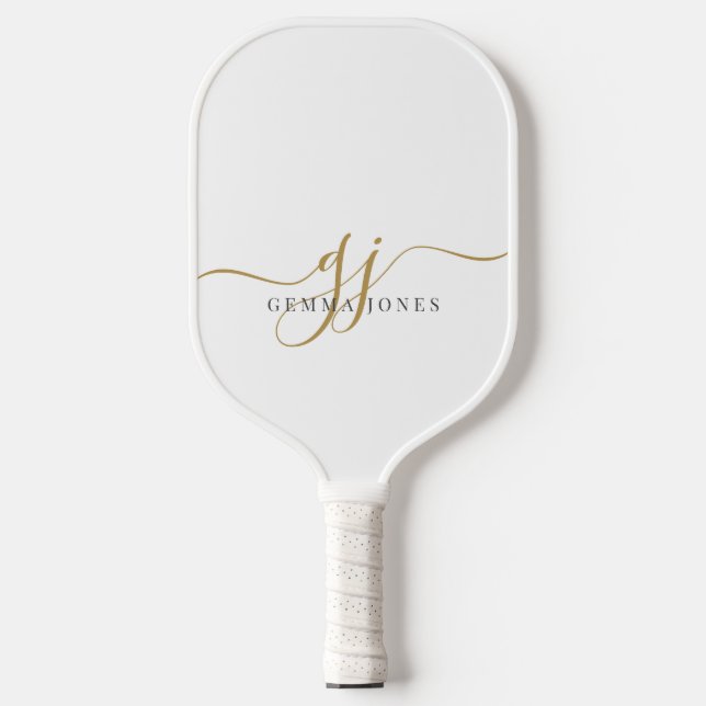 Modern Black Gold Monogram Feminine Script Name Pickleball Schläger (Vorderseite)