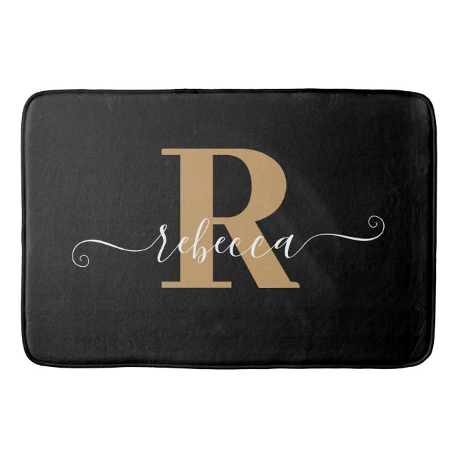 Modern Black Gold Monogram Handskriptname Bath m Badematte (Vorderseite)