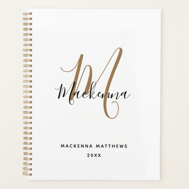 Modern Black Gold Monogram Initial Script Name Planer (Vorderseite)
