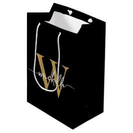 Modern Black Gold Monogram, Initial Stylish Script Mittlere Geschenktüte