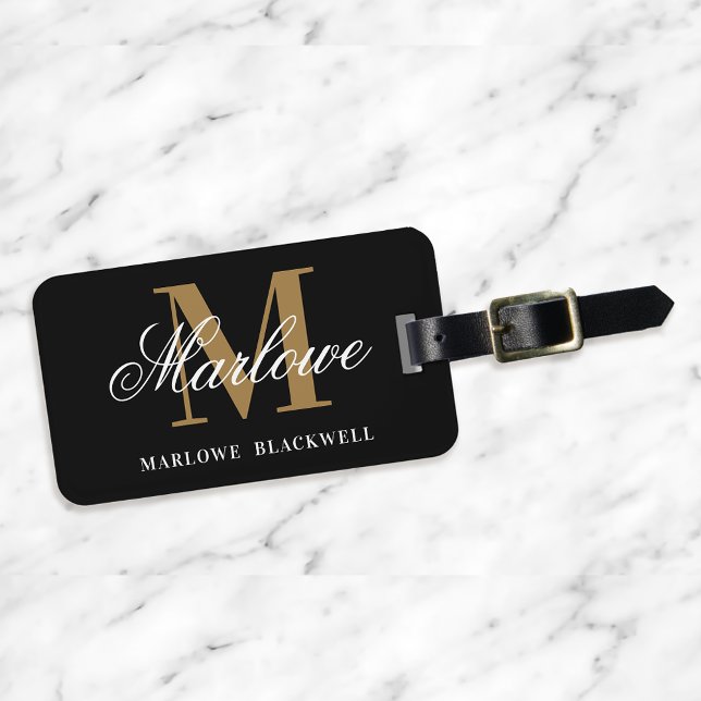 Modern Black Gold Monogram Script Gepäckanhänger (Von Creator hochgeladen)