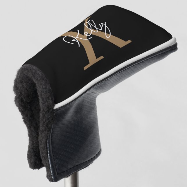 Modern Black Gold Monogram Script Golf Headcover (3/4 Vorderseite)