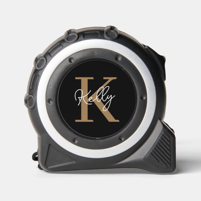 Modern Black Gold Monogram Script Maßband (Vorderseite)