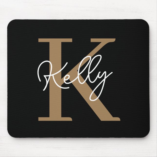 Modern Black Gold Monogram Script Mousepad (Vorne)