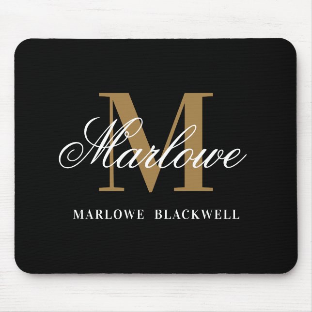 Modern Black Gold Monogram Script Mousepad (Vorne)