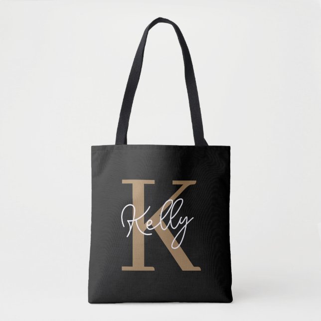 Modern Black Gold Monogram Script Tasche (Vorderseite)