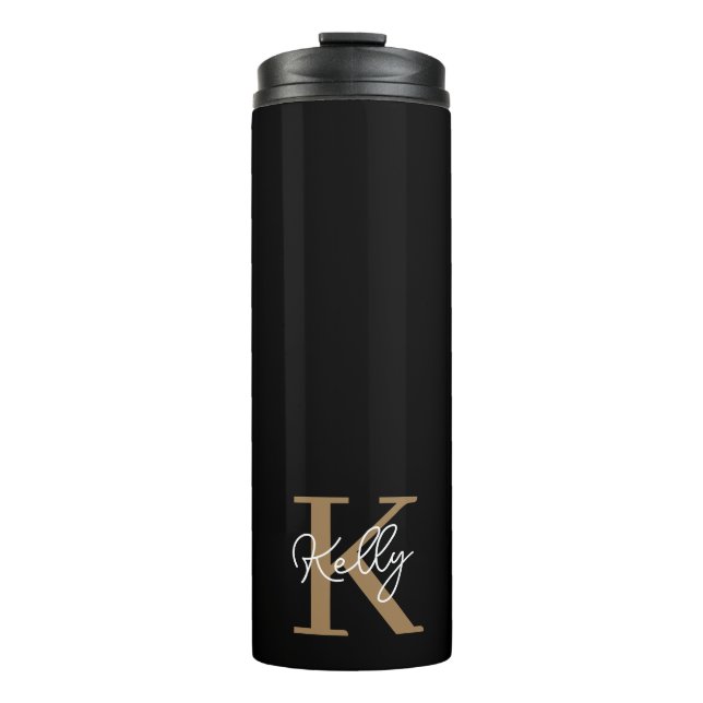 Modern Black Gold Monogram Script Thermosbecher (Vorderseite)