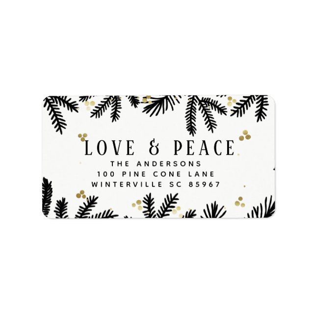 Modern Black & Gold Pine & Berries Holiday Address Adressaufkleber (Vorne)