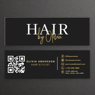 Modern Black Gold QR Code Haare Stylist Typografie Mini Visitenkarte