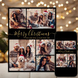Modern Black Gold Script 5 Foto Collage Weihnachte Feiertagskarte<br><div class="desc">Moderne Elegant Simple Calligraphy Black und Gold 5 Foto Collage Frohe Weihnachts Script Holiday Card. Dieses festliche minimalistische Fünf (5) Foto Feiertage Grußkarte Vorlage zeigt eine hübsche Grid Foto Collage und sagt "Frohe Weihnachten"! Der "Frohe Weihnachten"-Grußtext ist in einer skurrilen, schönen Hand geschrieben, Wirble Swash-Schwanz-Schriftart-Skript in Gold auf schwarzem Hintergrund....</div>