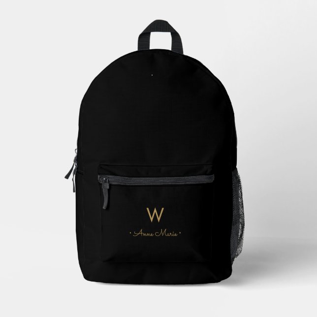 Modern Black Gold Script Monogram Bedruckter Rucksack (Vorderseite)