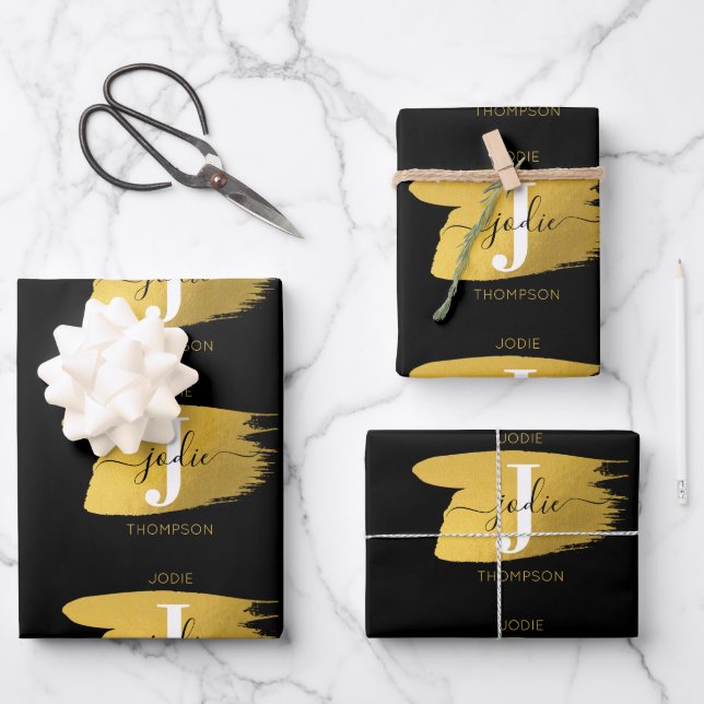 Modern Black & Gold Script Monogram Geschenkpapier Set (Vorderseite)