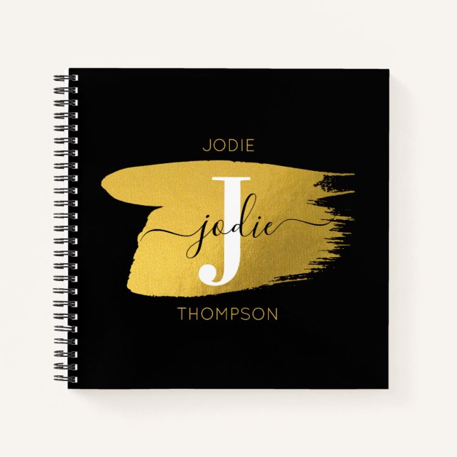 Modern Black & Gold Script Monogram Notizbuch (Vorderseite)