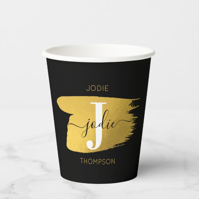 Modern Black & Gold Script Monogram Pappbecher (Vorderseite)