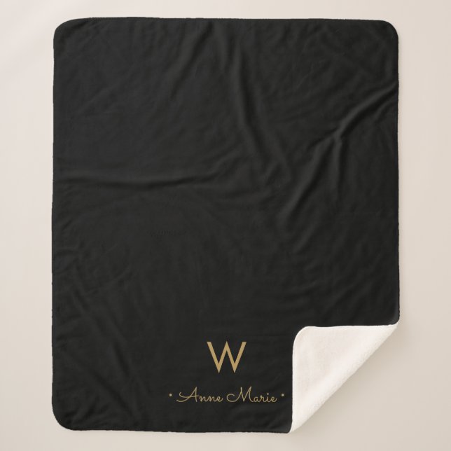 Modern Black Gold Script Monogram Sherpadecke (Vorderseite)
