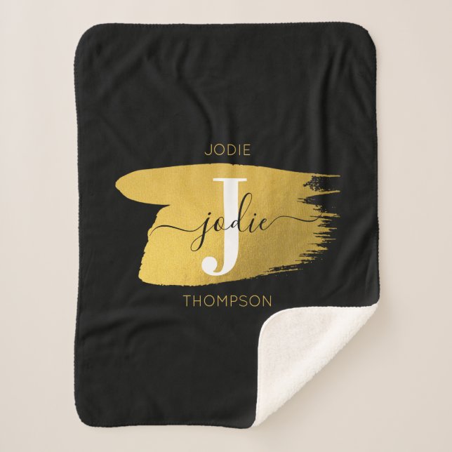 Modern Black & Gold Script Monogram Sherpadecke (Vorderseite)