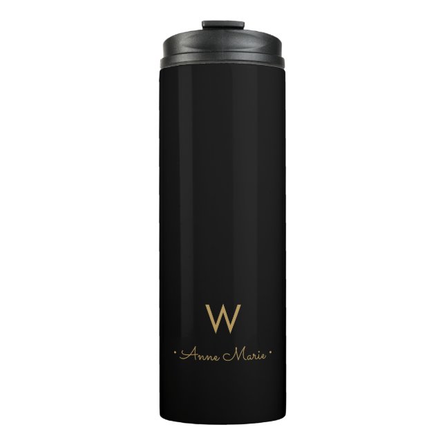 Modern Black Gold Script Monogram Thermosbecher (Vorderseite)