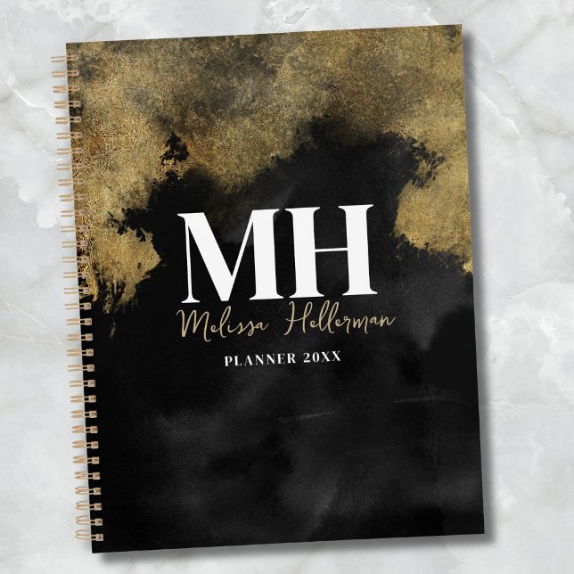 Modern Black Gold Script Name Monogram Planer (Modern Black Gold Girly Script Name Monogram Planner)