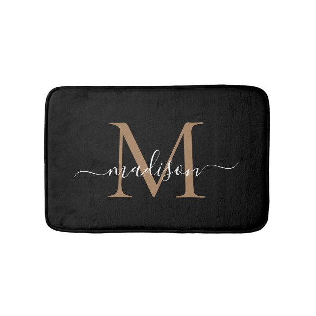 Modern Black Gold White Monogram Script Name Badematte (Vorderseite)